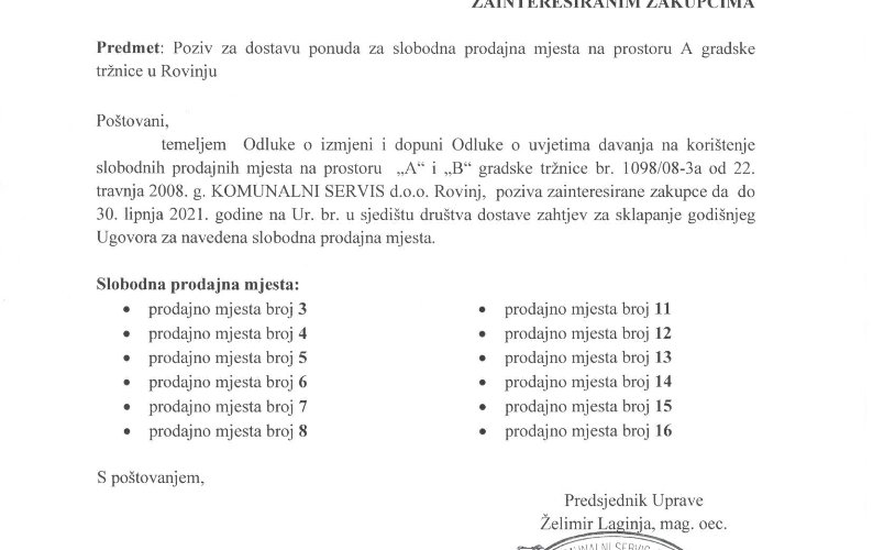 Poziv za dostavu ponuda prostor A gradske tržnice