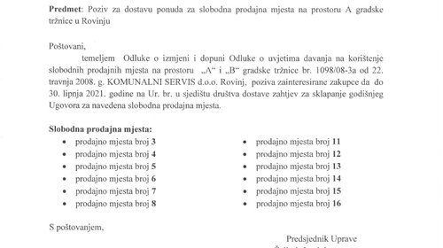 Poziv za dostavu ponuda prostor A gradske tržnice