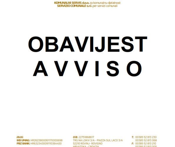 OBAVIJEST O PRIKUPLJANJU KOMUNALNOG OTPADA I RECIKLABILNOG KOMUNALNOG OTPADA ZA GRAD ROVINJ I OPĆINE BALE, KANFANAR I ŽMINJ