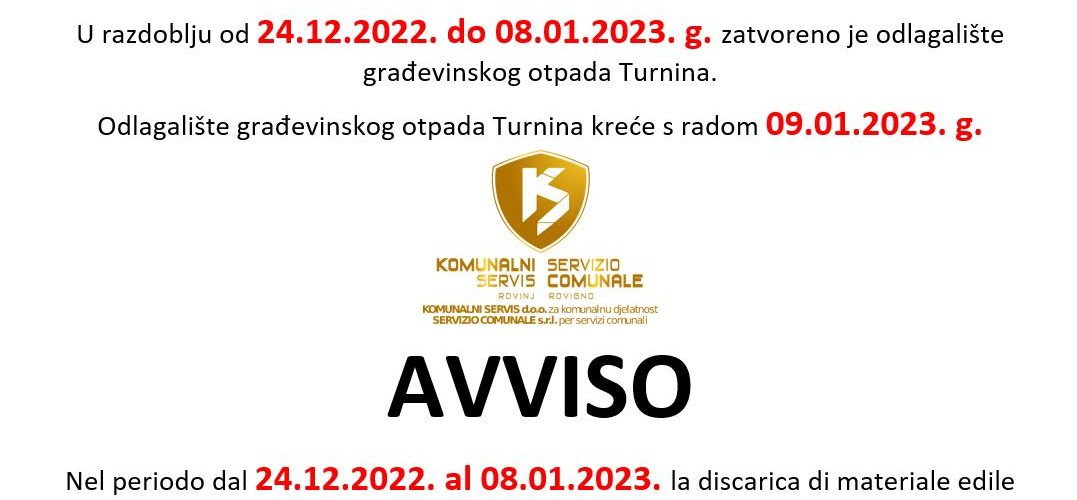 RADNO VRIJEME ODLAGALIŠTA GRAĐEVNIM OTPADOM "TURNINA" TIJEKOM PRAZNIKA