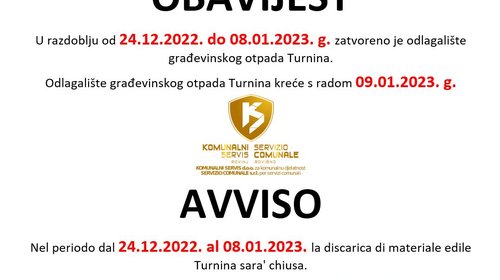 RADNO VRIJEME ODLAGALIŠTA GRAĐEVNIM OTPADOM "TURNINA" TIJEKOM PRAZNIKA